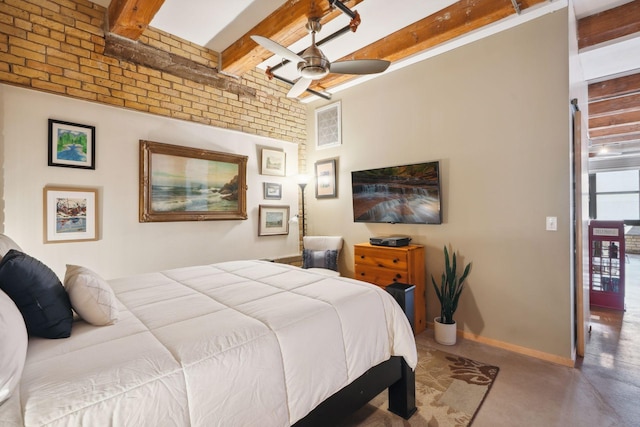 bedroom with beamed ceiling, brick wall, and ceiling fan