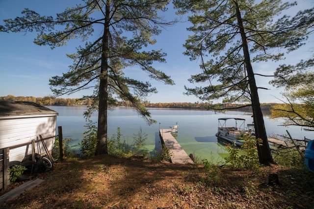 property view of water with a dock