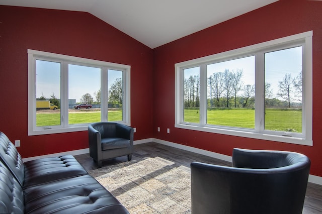 living room featuring dark wood-type flooring, lofted ceiling, and baseboards