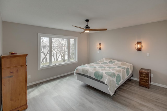 bedroom with ceiling fan and light wood-type flooring