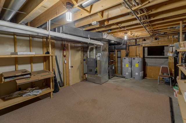 basement with water heater and heating unit