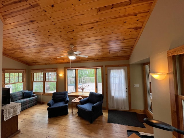 living room featuring wooden ceiling, light hardwood / wood-style flooring, and lofted ceiling