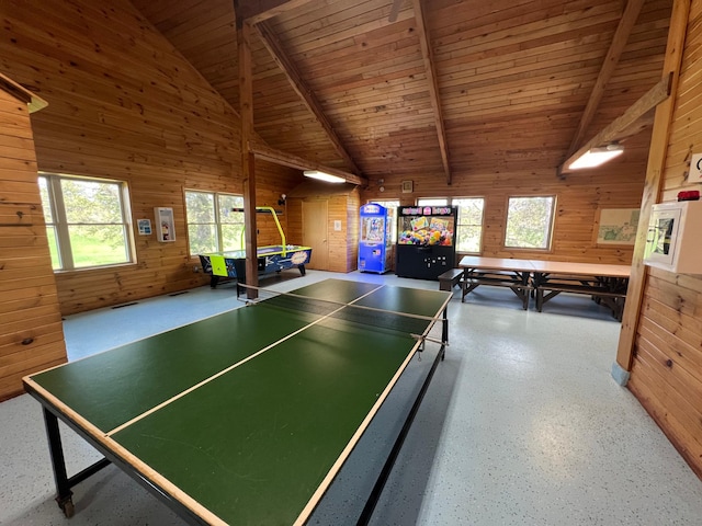 recreation room with beamed ceiling, wood ceiling, and wood walls