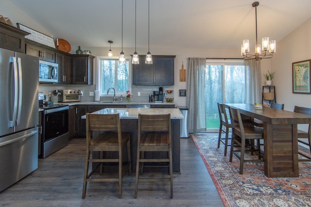 kitchen featuring a sink, appliances with stainless steel finishes, dark brown cabinetry, and dark wood-style floors