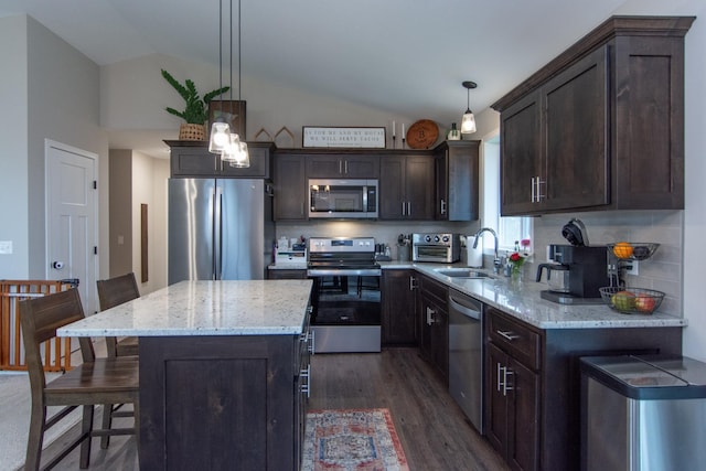kitchen featuring dark brown cabinetry, dark wood-style flooring, appliances with stainless steel finishes, vaulted ceiling, and a sink