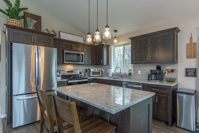 kitchen with dark wood-type flooring, a sink, appliances with stainless steel finishes, and dark brown cabinetry