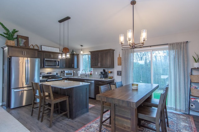 kitchen with appliances with stainless steel finishes, dark brown cabinetry, dark wood finished floors, and a notable chandelier
