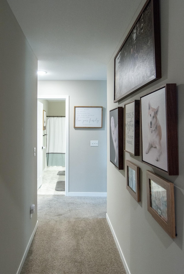 hallway with carpet floors and baseboards