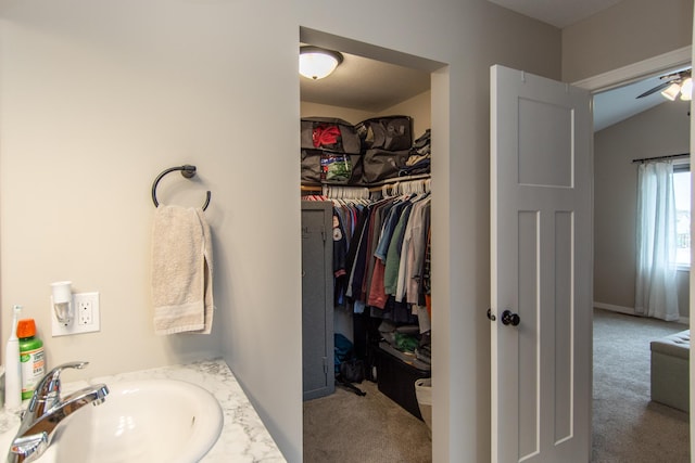 bathroom with a ceiling fan, a walk in closet, and a sink