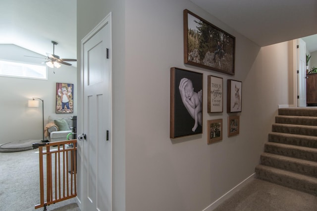 stairs with vaulted ceiling, carpet floors, baseboards, and a ceiling fan