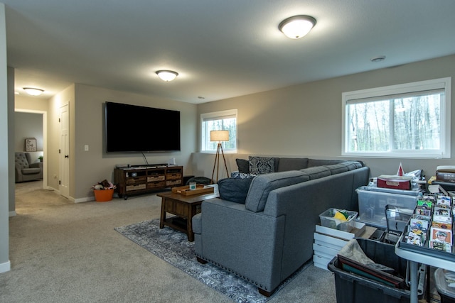 living area featuring baseboards and carpet
