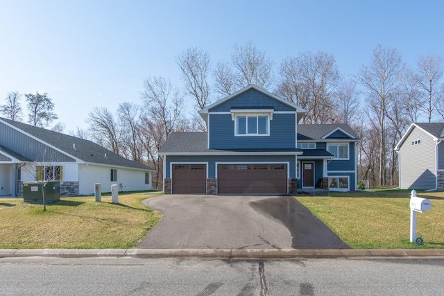 tri-level home with driveway, a front yard, a garage, central AC, and stone siding