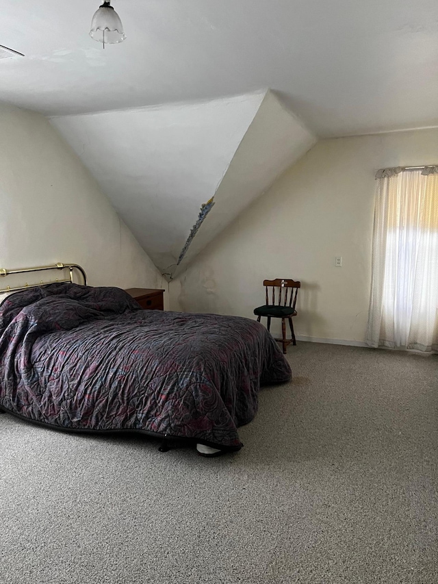 bedroom featuring carpet flooring and vaulted ceiling