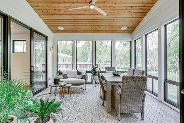 sunroom featuring plenty of natural light, wood ceiling, and vaulted ceiling