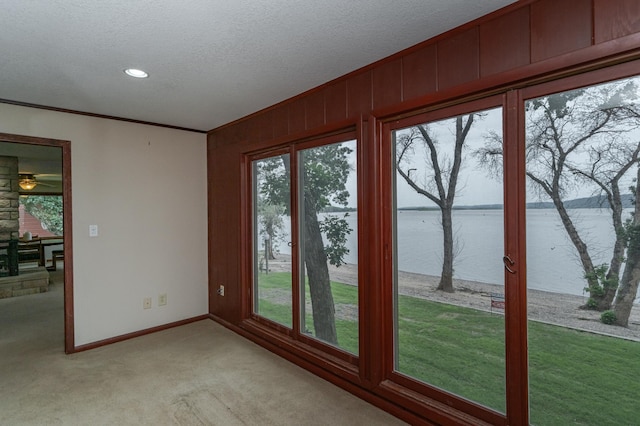 entryway with light carpet, baseboards, a water view, a textured ceiling, and crown molding