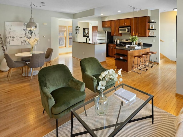 living room with light hardwood / wood-style floors and sink