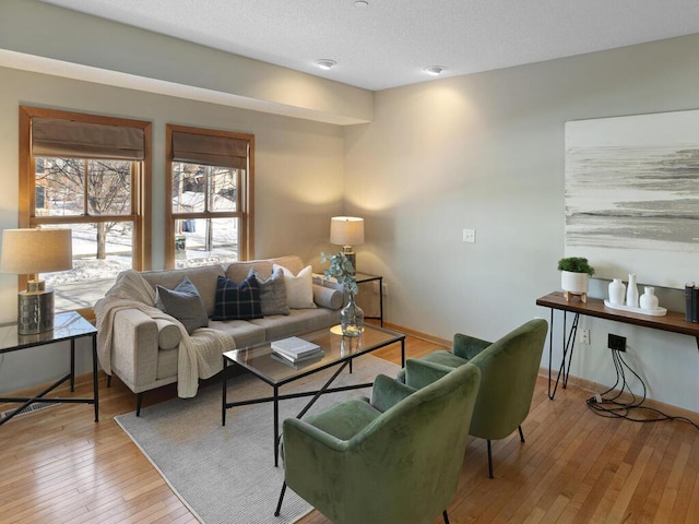 living room featuring light wood-type flooring and a textured ceiling