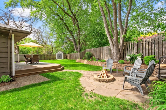 3706 90th St, Bloomington, MN 55431 - fenced backyard with an outdoor fire pit, a storage unit, a deck, and a patio