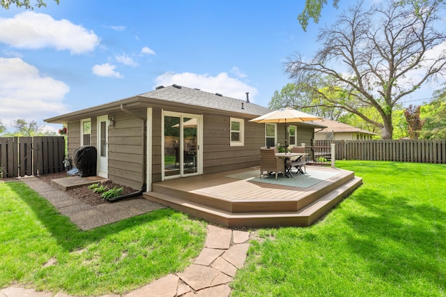 3706 90th St, Bloomington, MN 55431 - rear view of house featuring a fenced backyard, a wooden deck, and outdoor dining space