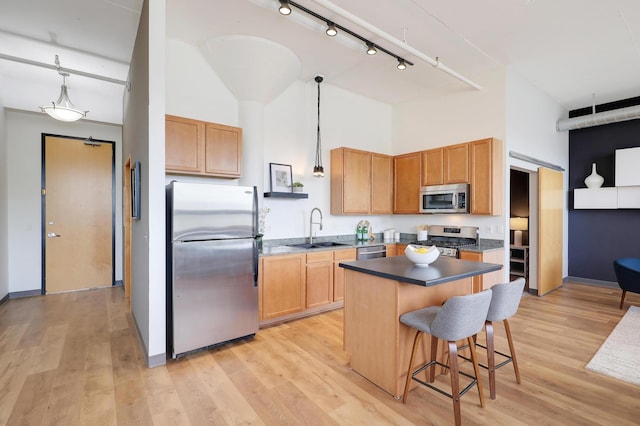 kitchen with sink, a center island, hanging light fixtures, stainless steel appliances, and a towering ceiling