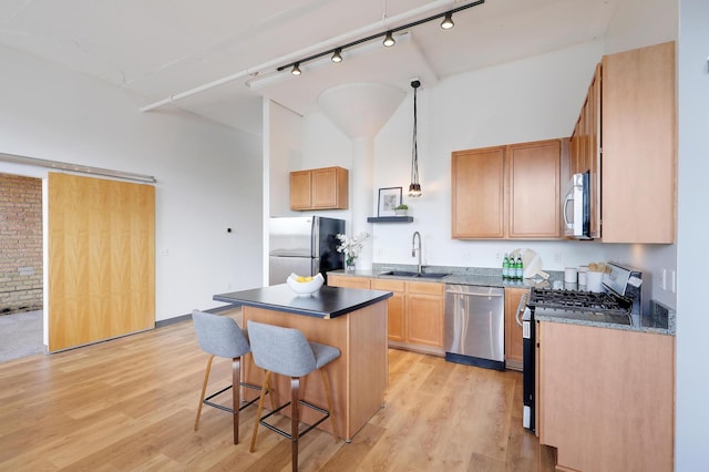 kitchen with sink, a center island, stainless steel appliances, pendant lighting, and light wood-type flooring