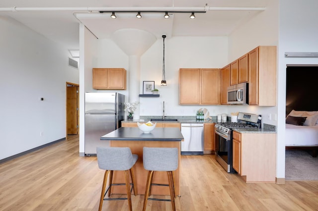 kitchen with decorative light fixtures, a center island, light wood-type flooring, and stainless steel appliances