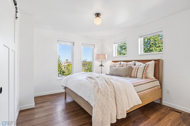 bedroom with a barn door and dark hardwood / wood-style flooring