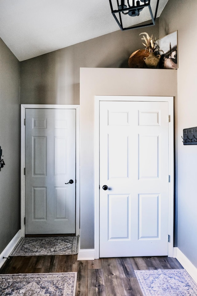 entrance foyer with dark hardwood / wood-style floors and lofted ceiling