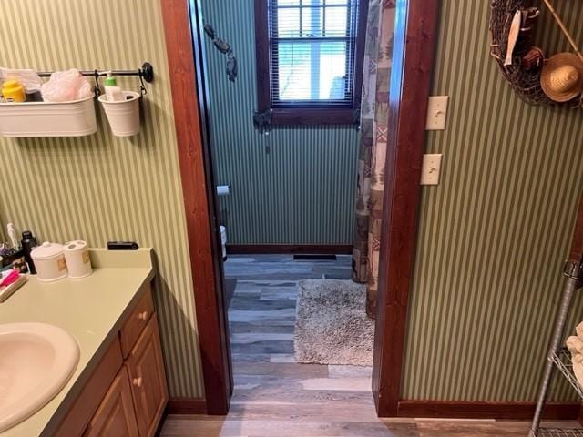 bathroom featuring hardwood / wood-style flooring and vanity