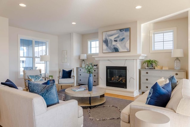 living room featuring light hardwood / wood-style flooring, a high end fireplace, and a healthy amount of sunlight