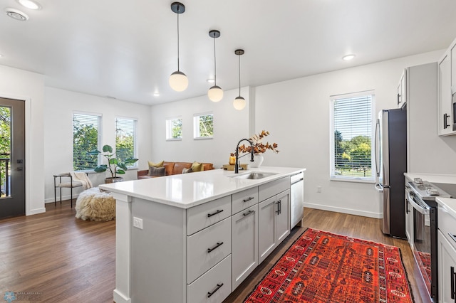 kitchen with appliances with stainless steel finishes, sink, a center island with sink, decorative light fixtures, and hardwood / wood-style floors