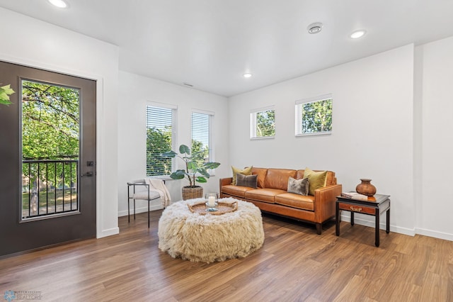 living room with baseboards, wood finished floors, and recessed lighting