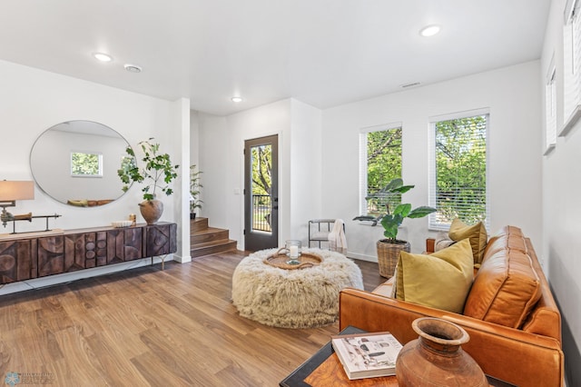 living area with wood finished floors, recessed lighting, and a healthy amount of sunlight