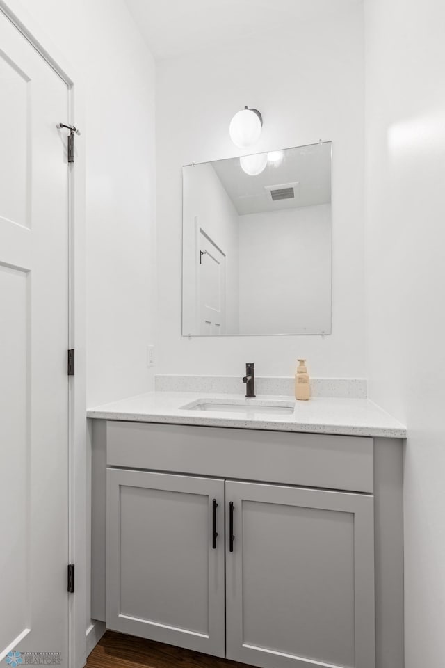 bathroom with wood finished floors, vanity, and visible vents