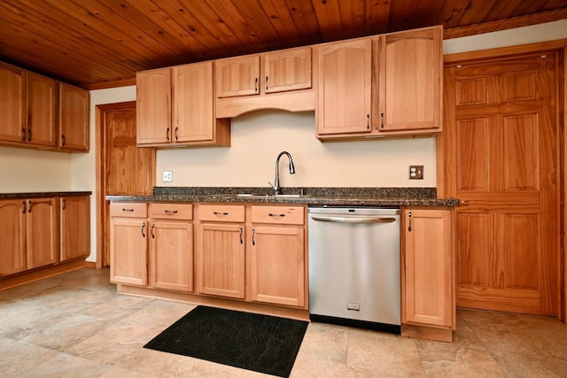 kitchen featuring light brown cabinets, wood ceiling, sink, and stainless steel dishwasher