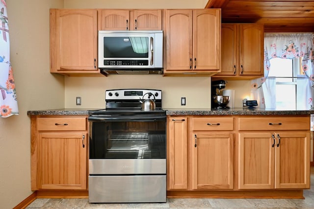 kitchen featuring light brown cabinets, appliances with stainless steel finishes, and wood ceiling