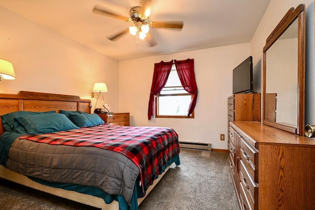 carpeted bedroom with a baseboard heating unit and ceiling fan