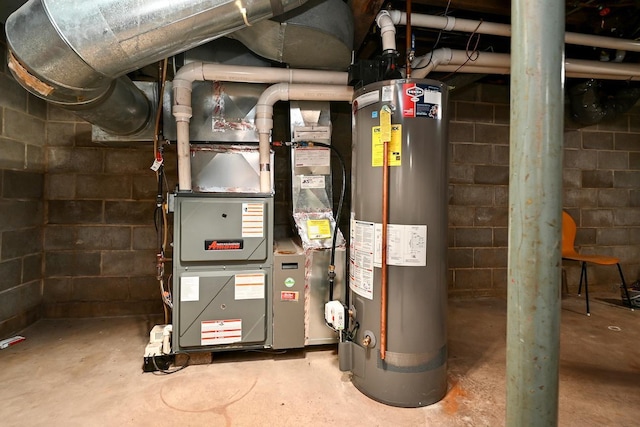 utility room with gas water heater and heating unit