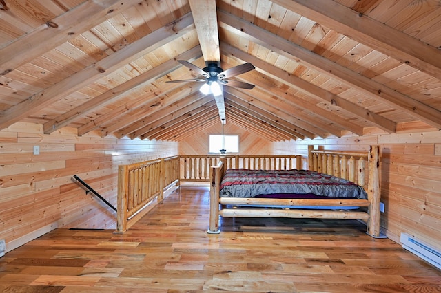 unfurnished bedroom featuring light wood-type flooring, lofted ceiling with beams, wooden walls, and wood ceiling