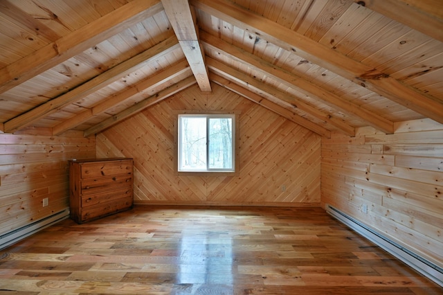 bonus room with light wood-type flooring, wood ceiling, baseboard heating, and wood walls