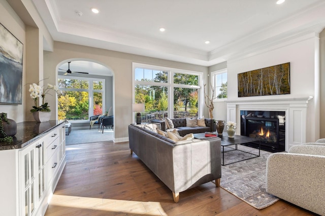 living room featuring ceiling fan, hardwood / wood-style flooring, a tray ceiling, and crown molding