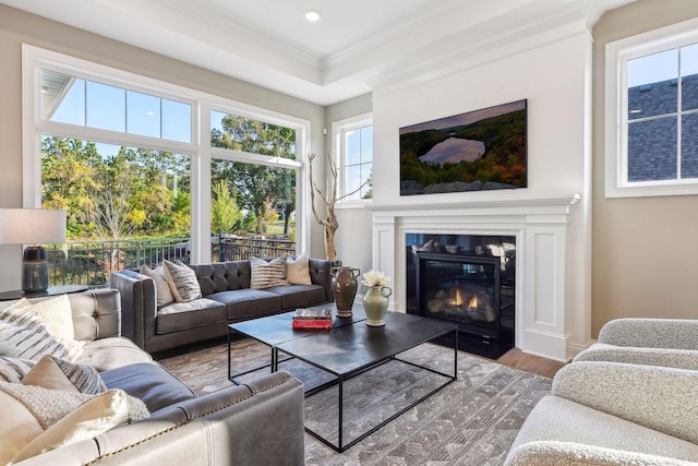 living room featuring wood-type flooring, crown molding, and a healthy amount of sunlight