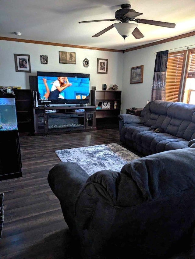 living room featuring ceiling fan and dark wood-type flooring