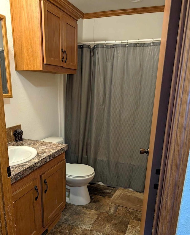 bathroom with vanity, a shower with curtain, and toilet