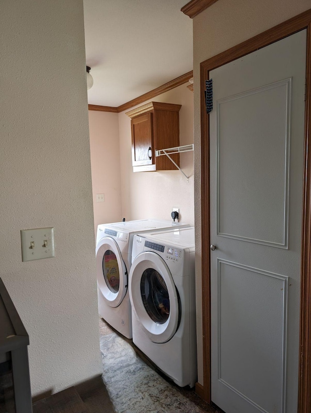 clothes washing area with ornamental molding, washing machine and dryer, and cabinets