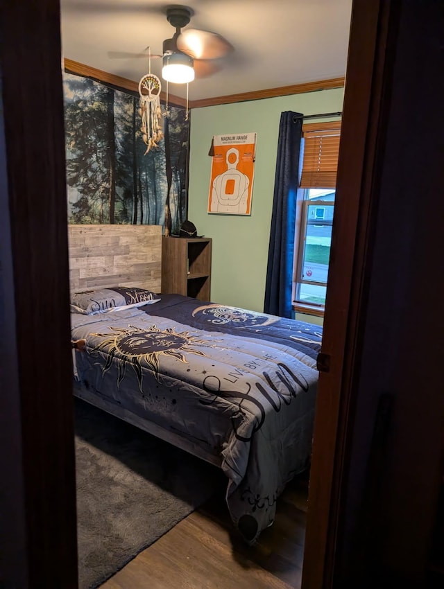2013 Peregrine Pl NW, Stewartville, MN 55976 - bedroom featuring crown molding, ceiling fan, and wood finished floors