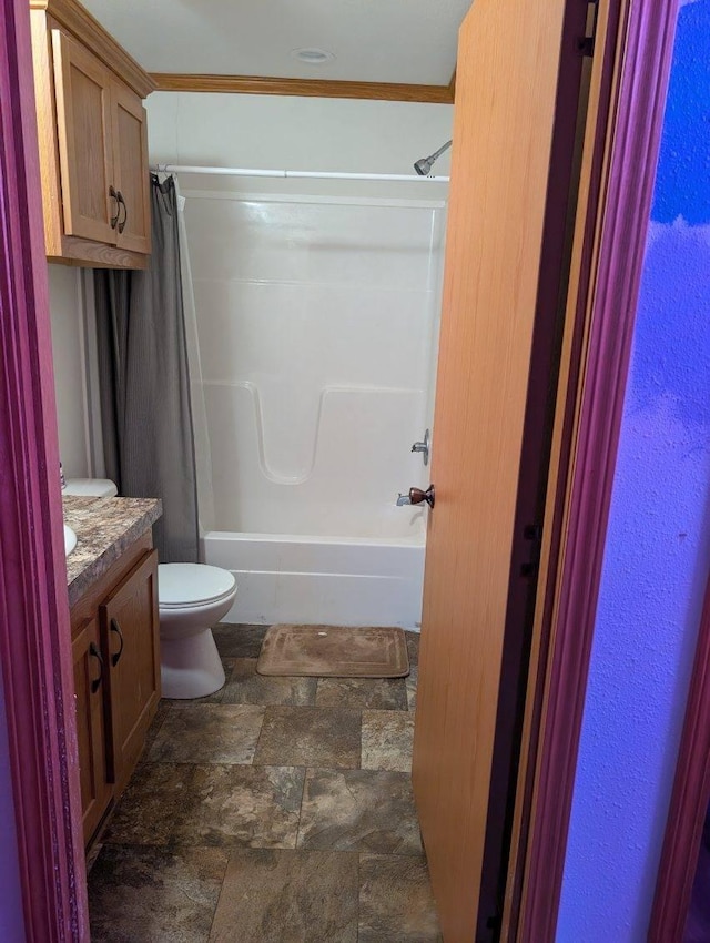 2013 Peregrine Pl NW, Stewartville, MN 55976 - bathroom with toilet, stone finish flooring, shower / bathtub combination with curtain, and vanity