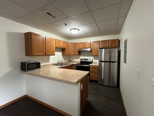 kitchen with sink, stainless steel appliances, dark hardwood / wood-style floors, kitchen peninsula, and a paneled ceiling