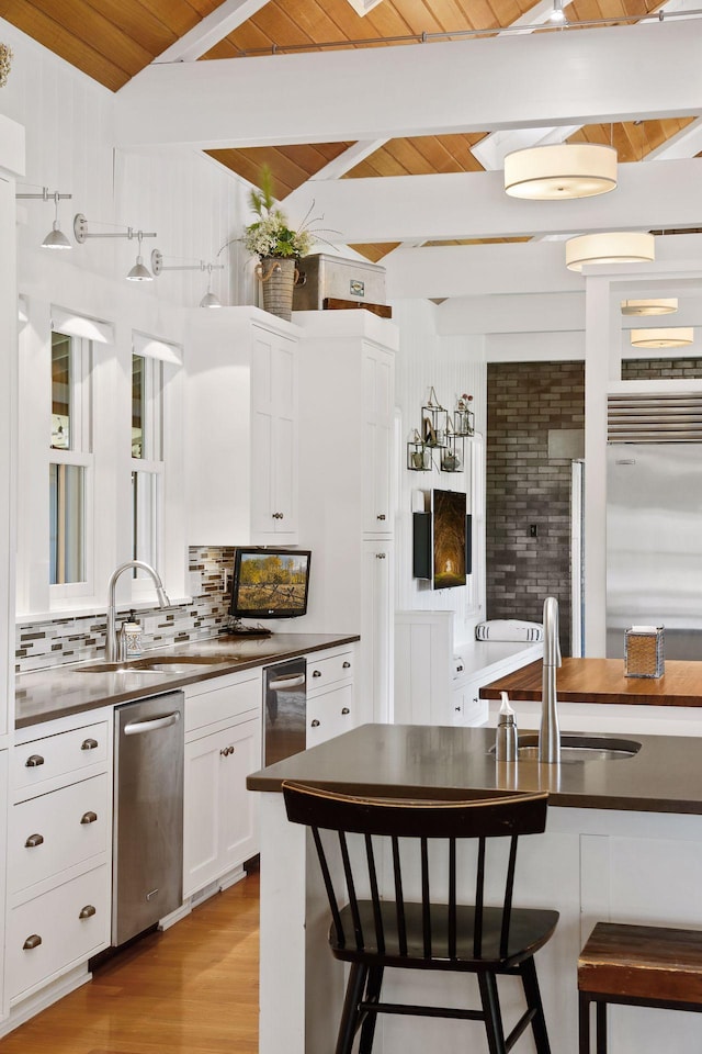 kitchen with light wood-type flooring, white cabinetry, appliances with stainless steel finishes, wood ceiling, and tasteful backsplash