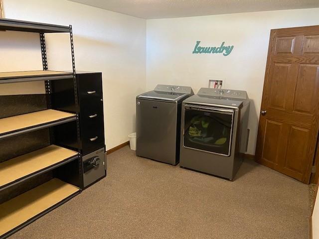 clothes washing area with light colored carpet, washer and dryer, and hookup for a washing machine